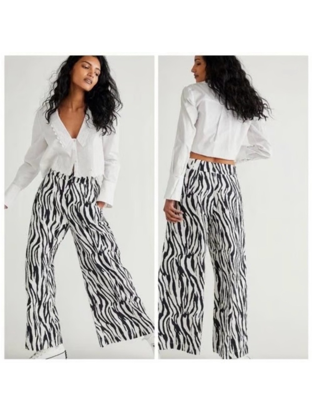 Free People Zebra-Print Wide Leg Crop Cotton Pants - Black & White